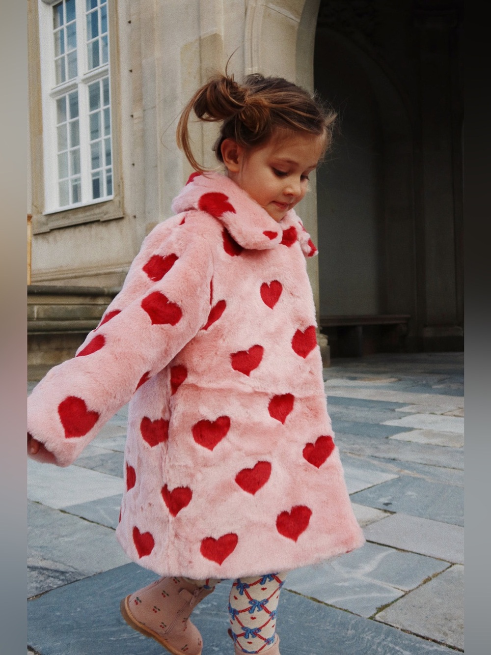 Kids Pink Faux-Fur Pea Coat with Red Heart Print